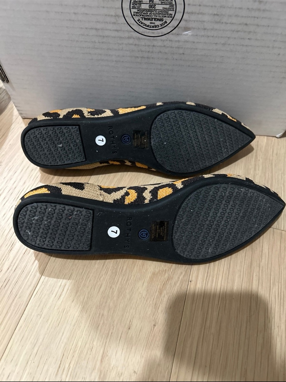Rothy's Leopard Knit Pointed Toe Flats in Tan, Black & Blue Trim - Picture 2 of 2